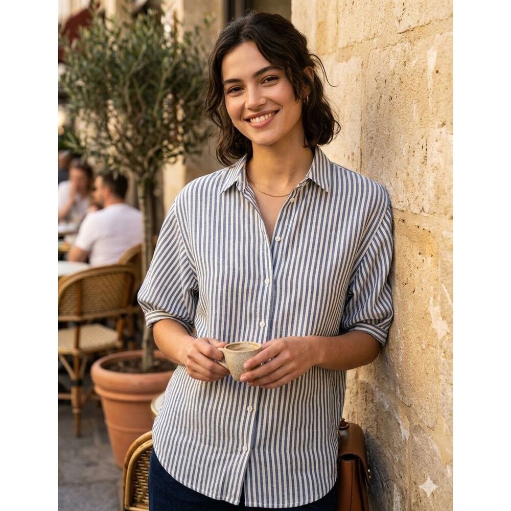 Beach Lunch Lounge Shirt Womens XS Blue White Stripe Linen Puff Sleeve